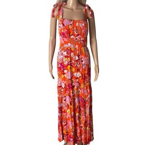 Ivy Street Floral Maxi Dress Bow Straps Orange Fuchsia Women’s Large